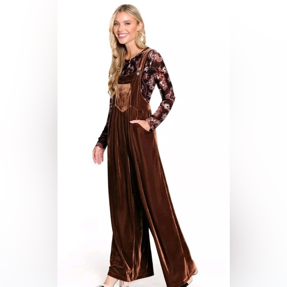 John Mark brown burgandy Velvet Wide Leg Overall Jumpsuit M Formal Cocktail